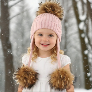 Nuevo Gorro de Punto Jacquard con Bola de Pelo de Mapache Auténtico para Niños, Protección para las Orejas con Botones, Cálido, para Circunferencia de Cabeza de 48-50cm - Product Image 2