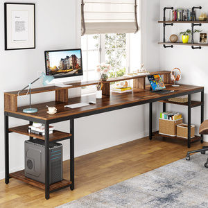 Tribesigns 78.74" Extra <strong>Long</strong> Double <strong>Desk</strong> for Two, Monitor Stand &amp; Storage Shelves, Rustic Brown Home Office - Product Image 2