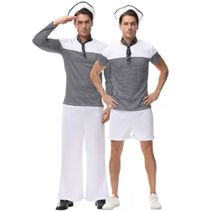 Adult Sailor Set with Black Stripes White Top Shorts Scarf White Sailor Hat Dress Costume