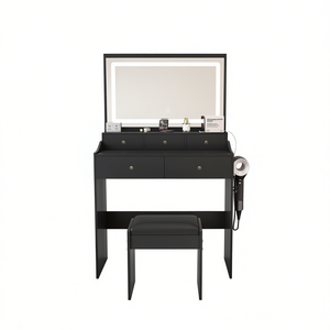Moderno Set de Tocador Negro con 5 Cajones, Espejo Grande con Iluminación, Enchufe y Soporte para Secador de Pelo, Escritorio para Dormitorio - Product Image 1