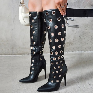 Summer Women Knee High Boots Metal Holes Stiletto Dress <b>Shoes</b> Slim Heels Eyelet-embellished Long Booties - Product Image 1