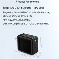 Pengisi Daya Tahan Api GaN 65W Dual Type-C Colokan AS Adaptor Pengisian Cepat PD Pengisi Daya Portabel Khusus untuk Perjalanan untuk Earphone