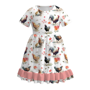 Bebé niños niño niña verano granja moda leche orgánica seda caballo Chook estampado vestido con volantes listo para enviar venta al por mayor personalizado - Product Image 3