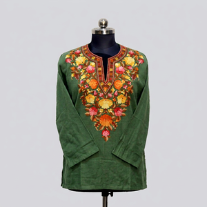 Green Embroidered Cotton Traditional Floral Neckline Long Sleeve <b>Indian</b> Pakistani Women's <b>Top</b> for Spring Wedding Party - Product Image 1