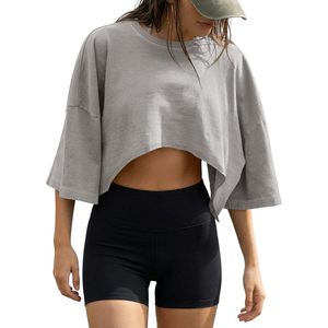 Top Corto para Mujer, Manga Corta, Hombros Caídos, Corte Holgado, Ligero, Gris, para Yoga, Cuello Redondo, Algodón, Verano, Casual - Product Image 1