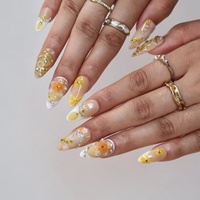 Kuku Akrilik Warna Kuning Sinar Matahari Musim Panas, Model Almond Press-on, Gradasi Kuning Nude, Bunga 3D, French Tip, Berhias Rhinestone, Dapat Disesuaikan, Grosir