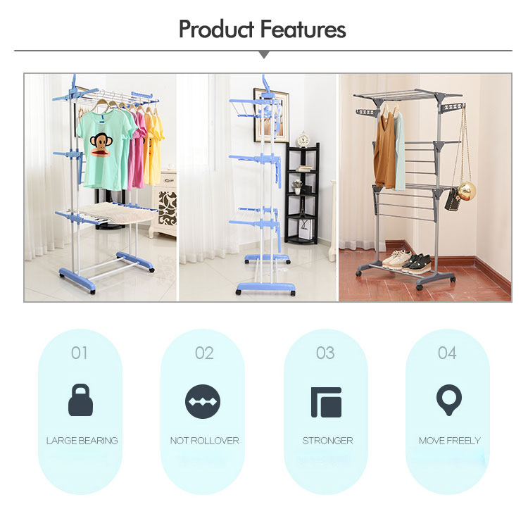 Balcony 3 Tier Folding Clothes Hanger Rack Stainless Steel Multifunctional