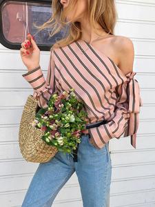 Groothandel Lage Prijs Vrouwen Boog Blouse Een Schouder Lange Mouw Streep Overhemd - Product Image 3