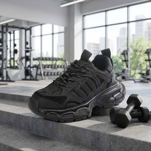 2026 Trending Women Black Chunky Sneakers Contrast Stitching Lace‑up Height‑Boosting Serrated Thick Sole Casual <b>Shoes</b> - Product Image 1