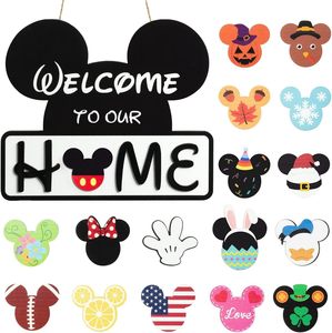 Long River Cute Mouse Wood Craft Engraved Eco-friendly Customizable Interchangeable Holiday Welcome Porch Front Door Sign Wall