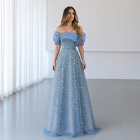 Robe de soirée bleu pétale de vigne à sequins, épaules dénudées, sans manches, coupe trapèze, ornée de perles, pour mariage et fête, fournisseur personnalisé, vente en gros