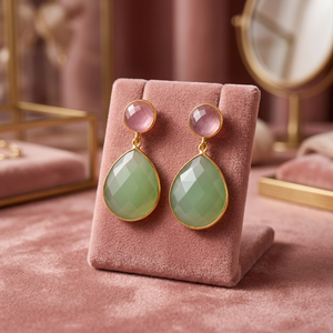 GREEN PINK MONALISA GEMSTONE CLASSIC 14K GOLD PLATED BRASS DROP EARRINGS PEAR SHAPE UNISEX for ANNIVERSARY JAIPUR GEMS JEWELRY - Product Image 3