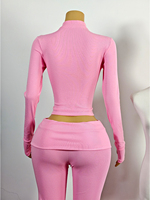 Ensemble de survêtement de fitness deux pièces pour femme avec pantalon long et fermeture éclair, personnalisable avec logo, idéal pour l'hiver et les loisirs.