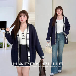 Cárdigan de Punto Azul Oscuro para Mujer, Talla Grande, Corte Holgado, Cuello en V con Bolsillos, Estilo Informal para Otoño - Product Image 2