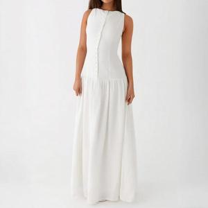 Robes d'été décontractées et personnalisées <span class=keywords><strong>en</strong></span> coton et <span class=keywords><strong>lin</strong></span> pour femmes Écologique Lavable Taille tombante Col rond sans manches Ceinture dos nu Maxi - Product Image 5