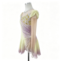 Robe de performance scénique pour enfants et filles, jaune citron dégradé lavande, ornée de strass faits à la main, en maille drapée, pour patinage artistique