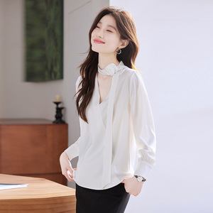 White V-neck Long Sleeve Shirt With Wrap Tie Satin Blouse For Commuting Women Spring Summer Elegant Style Q9970 - Product Image 4