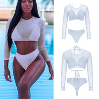Dames Mesh Bikini 3-delige Set Met Lange Mouwen Sexy Doorzichtige Crop Top Halter Push-Up Bh Badpak Zomer Strandbadkleding