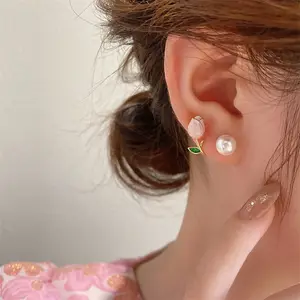 Sweet Enamel Floral Earrings Korean Jewelry Girls Cute Pearl Mermaid Gold Plated Tulip Earring