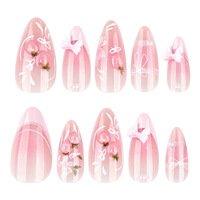 Faux Ongles Roses Fraise Personnalisables en Gros – Forme Amande avec Nœud 3D et Motif Floral, Matériau PMMA, Longueur Moyenne