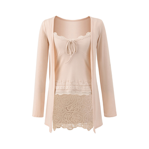 Women's Lace and Lace Patchwork Floral Slim Fit Long Sleeve Spring/Summer Bottom Shirt and T-shirt Set - Product Image 5