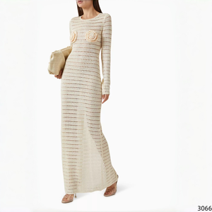 Vestido Maxi de Verano de Ganchillo con Cuello Redondo y Manga Larga, Cubrebaño de Playa con Apliques Florales 3D y Abertura Trasera para Mujer - Product Image 5