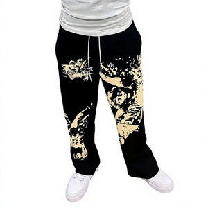 Pantalon de jogging noir à motif graphique, coupe large, avec cordon de serrage, style streetwear décontracté pour homme, en molleton. - Product Image 1
