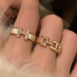 H Letter Enamel Custom <b>Gold</b>-Plated Channel <b>Set</b> Zircon Trendy <b>Ring</b> INS Style French Niche Design Wholesale Copper Jewelry Women's - Product Image 3