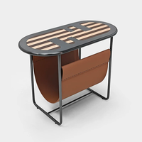Table d'appoint ovale moderne personnalisée avec porte-revues en cuir pleine fleur, table d'appoint en acier inoxydable pour salon de luxe