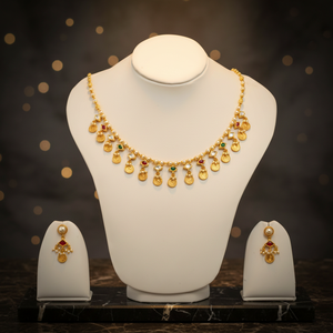 Traditional Gold Pearl <b>Beaded</b> Necklace <b>Set</b> with Multicolor Stones Coin Charms Antique Finish Bridal Wedding Jewelry <b>Set</b> - Product Image 1