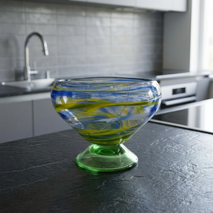 Bohemian Art Glass Serving <b>Bowl</b> Pedestal Dishwasher Safe <b>Blue</b> Green Swirl Decorative Soup Dinner <b>Bowl</b> for Home Dining - Product Image 3
