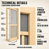 Porte moustiquaire à 5 barres avec cadre en pin à jointures à languettes et moustiquaire en fibre de verre pour patio, jardin, entrée, véranda et projets de maison