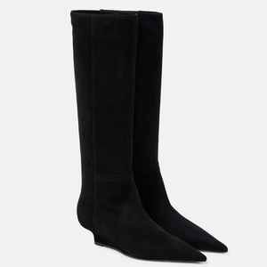 New Style Low Wedge Heels Pointed Toe Big Size 44 Shoes Suede Long <b>Boots</b> Women's on Flock Knee High Booties - Product Image 3