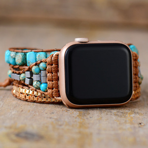 Bracelet Apple Watch 20 mm en tissu perlé tissé turquoise, style bohème, pour Apple Watch - Product Image 1