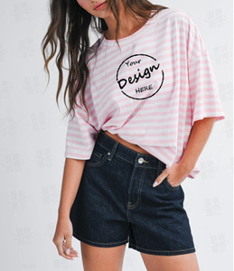 T-<span class=keywords><strong>shirt</strong></span> rayé surdimensionné en coton de haute qualité 180 GSM pour <span class=keywords><strong>femme</strong></span>, personnalisable avec broderie, vente en gros - Product Image 3