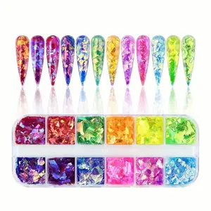 12 Grid Holograpihc Irregular Nail Glitter serpihan 3D Glitter warna-warni payet untuk kuku pesona