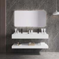 Meuble de salle de bain moderne double vasque en céramique avec miroir rectangulaire, en dalle de roche double couche, résistant à l'eau, pour hôtel et appartement