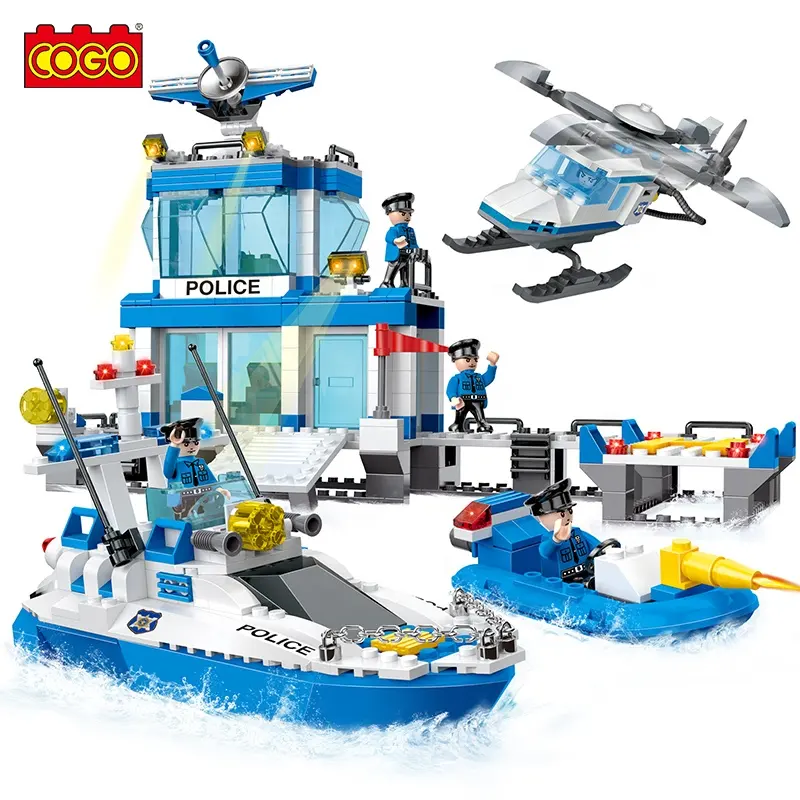 COGO 644 PCS Educational City Series Polizei station Hubschrauber und Boot Stadt Bausteine Ziegel Spielzeug