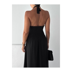 Women's Black Halter Neck Dress Elastic Waist Viscose Fabric Party Wear Sleeveless Backless Mid Length - Product Image 2