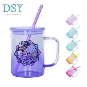 17oz ombre glass can with handle New arrival gradient jelly sublimation 17oz glass tumbler with handle and colors lids