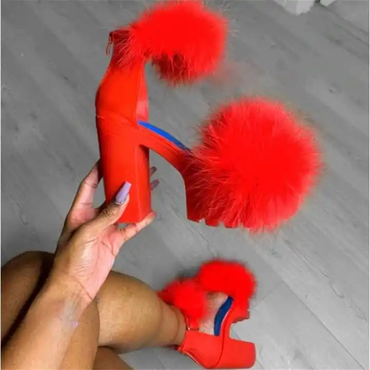 Amazon.com: Fluffy Chunky Heels for Women Dressy Summer Open Toe Ankle  Buckle Feather Platform Sandals Ladies Fashion High Heels Wedding Party  Proms Heeled Sandals Women's Sexy Thick Soled Sandals : Clothing, Shoes