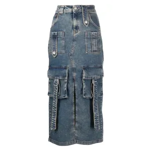 OEM Jupe en jean de haute qualité Plusieurs poches cargo décorées jupe longue fente sur le devant jupe en jean délavé taille haute