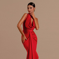 Robe Longue Plissée Dos Nu Sexy à Col Rabattu pour Femme, Robe Longue Maxi en Satin Rouge Sans Manches à Design Drappé pour Soirées et Clubs