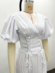 Vestido Casual Blanco con Cuello en V para Mujer, con Cordones en la Parte Delantera, Talla Grande, Tipo Bata, Maxi Vestido, Tallas S-2XL - Product Image 5