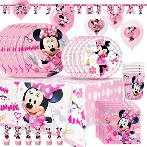 Minnie Mouse Verjaardagsfeestje Decoraties Benodigdheden Bedient 8 Gasten Met Banner Tafelbedekking Wegwerp Dinerborden Sets