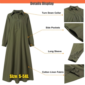 Abito Vintage a trapezio da donna in cotone Mid East lino musulmano da donna a manica lunga con tasche Maxi abiti larghi - Product Image 5