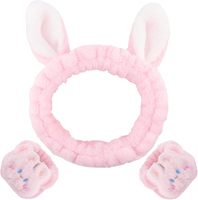 Ensemble de bandeaux en peluche oreilles de lapin 3D avec bracelets, bandeau doux et mignon en forme d'animal pour le lavage du visage, le maquillage, le spa, les soins de la peau, cadeau pour enfants