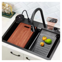 Évier de cuisine multifonction noir en acier inoxydable à cuve unique avec robinet cascade et valve en laiton, directement de l'usine