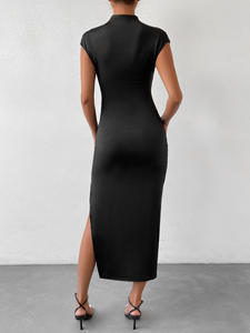 Robes de mode pour dames à manches courtes col en V froncé Maxi <span class=keywords><strong>robe</strong></span> <span class=keywords><strong>noire</strong></span> élégante avec fentes - Product Image 2