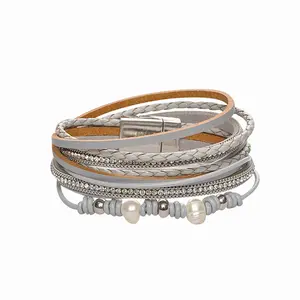 Brazalete de cristal multicapa bohemio, joyería barroca con perlas, brazalete de tubo de oro, pulseras hechas a mano, aleación de cuero, Clip magnético
